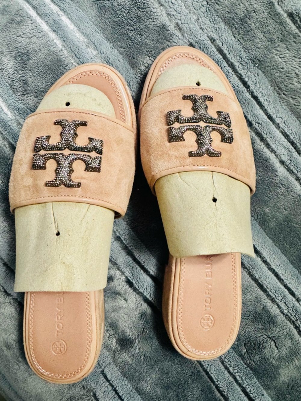 Tory Burch Dusty Rose Suede Slide Sandals with Glitter Logo